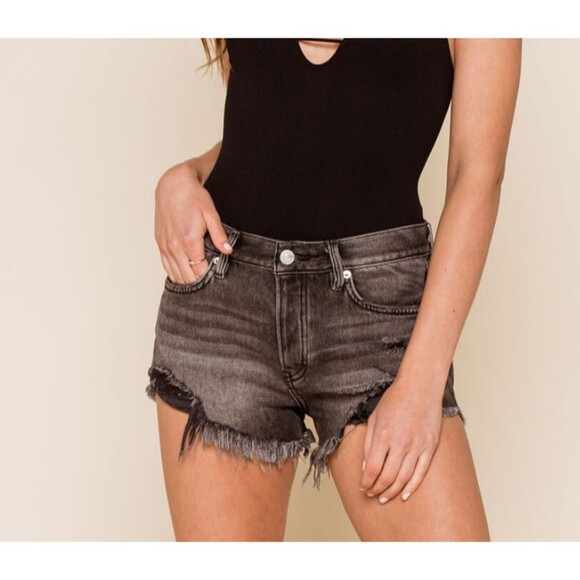 We The Free Free People High Rise Denim Shorts 30 /10 Button Fly Distressed Raw - Picture 1 of 14